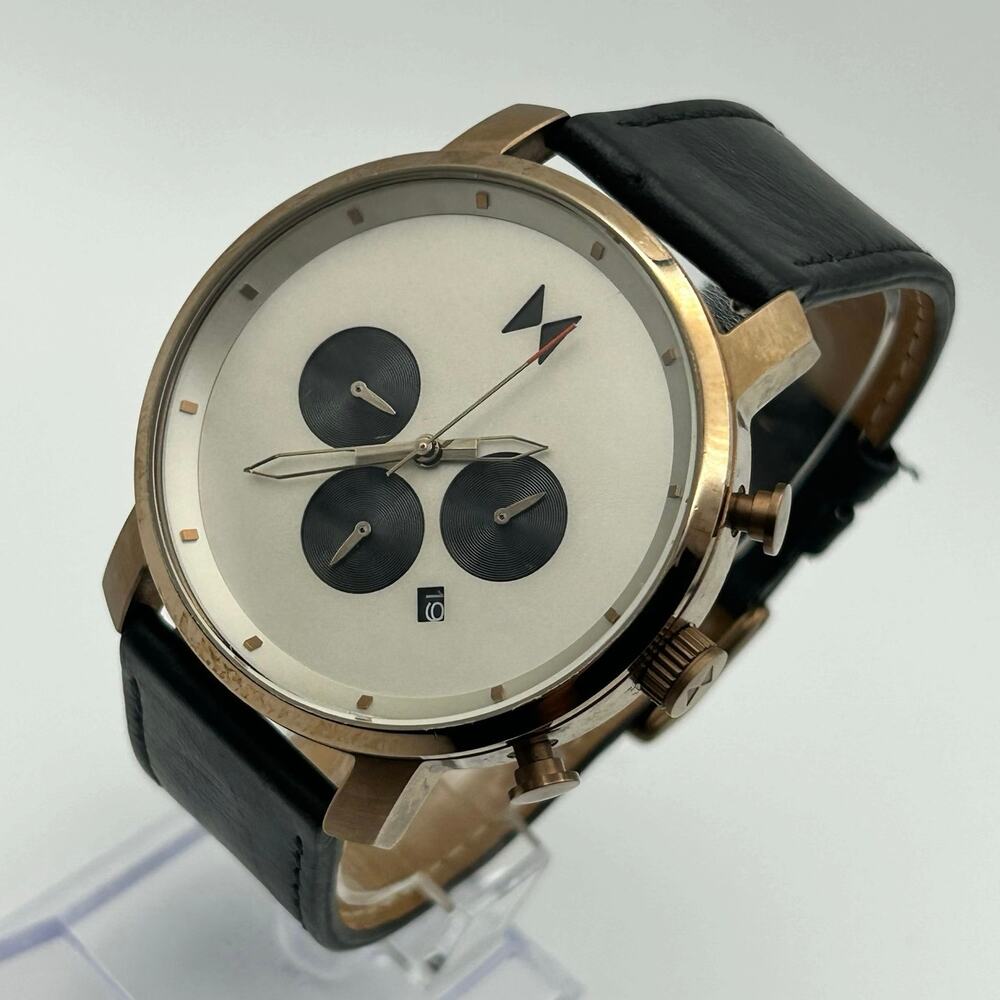 MVMT Chrono Men’s Watch Rose-gold Case Black Leather Band Working New Battery